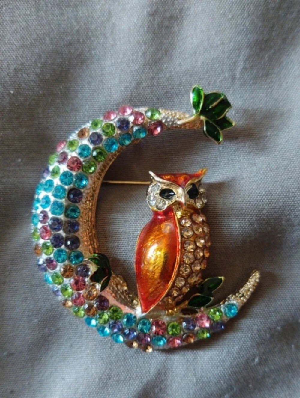 Multicolor Crystal Owl on Crescent Moon Brooch